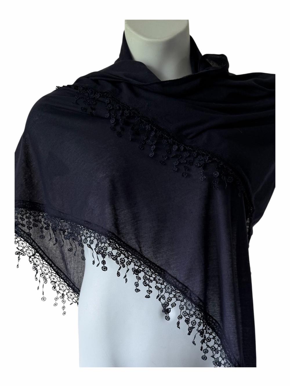 Triangular Navy Scarf Wrap Delicate Crochet Trim Retro Festival Boho Whimsigoth